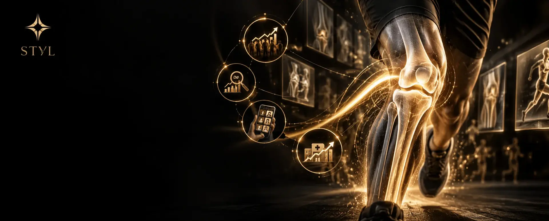 STYL healthcare digital marketing banner for orthopaedic marketing, featuring a doctor examining a patient’s knee, a glowing knee joint scan, and digital analytics in a premium black-and-gold theme.